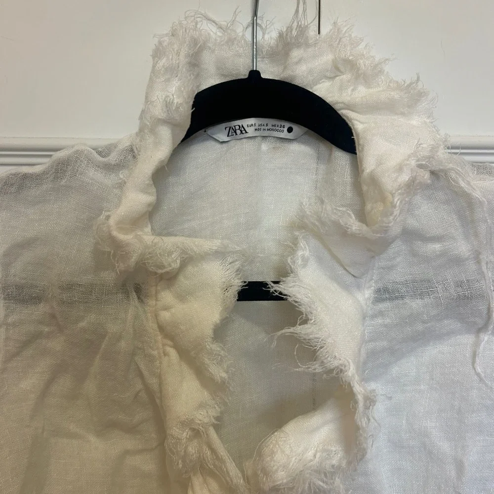 Zara White‎ Linen Blend Frayed Tie Front Puff Sleeve Blouse 3269/048/712/S Small